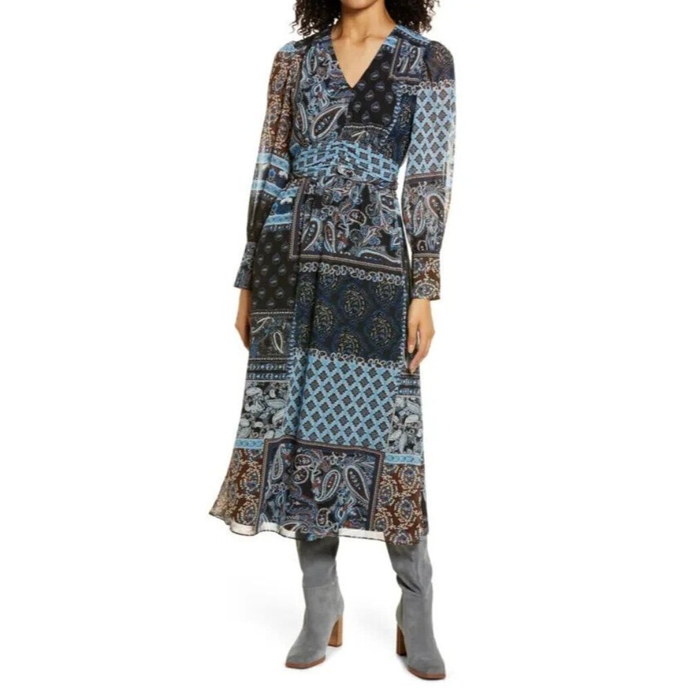 Julia Jordan Women's Mixed Scarf Print Long Sleeve Midi Dress In Navy Multi SZ 2